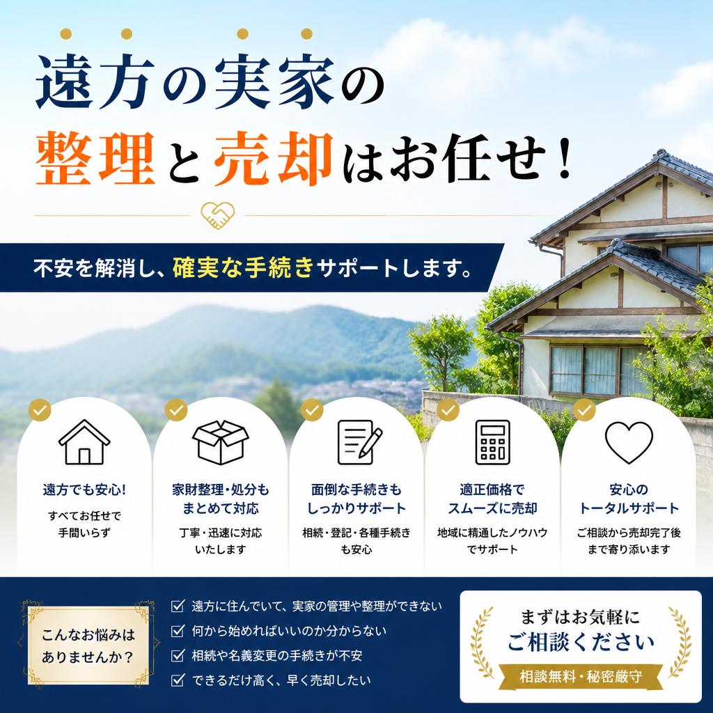 遠方の実家の整理と売却はお任せ！不安を解消し、確実な手続きをサポートします。